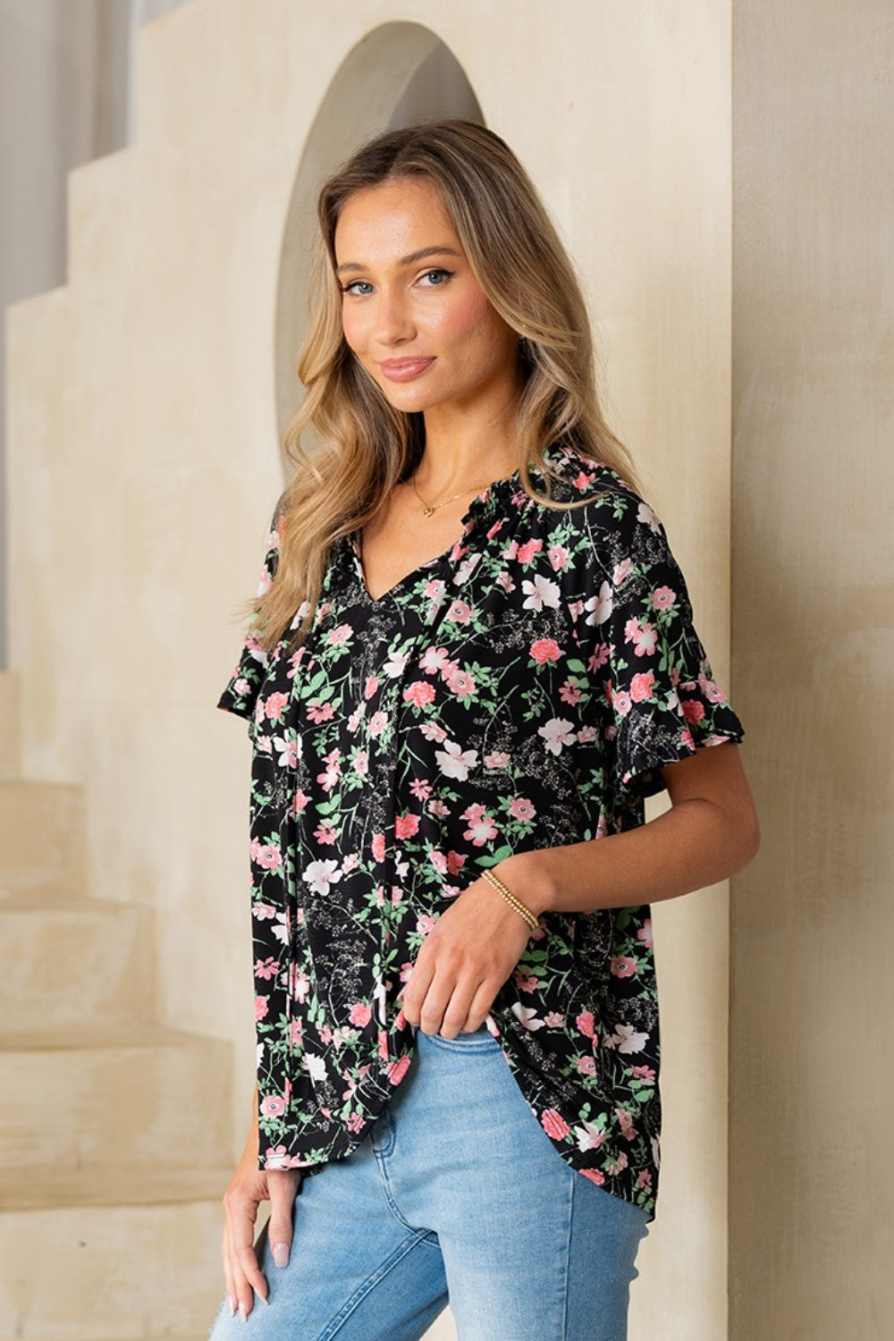 Sew In Love Floral Tie Neck Short Sleeve Blouse - Stormyjay