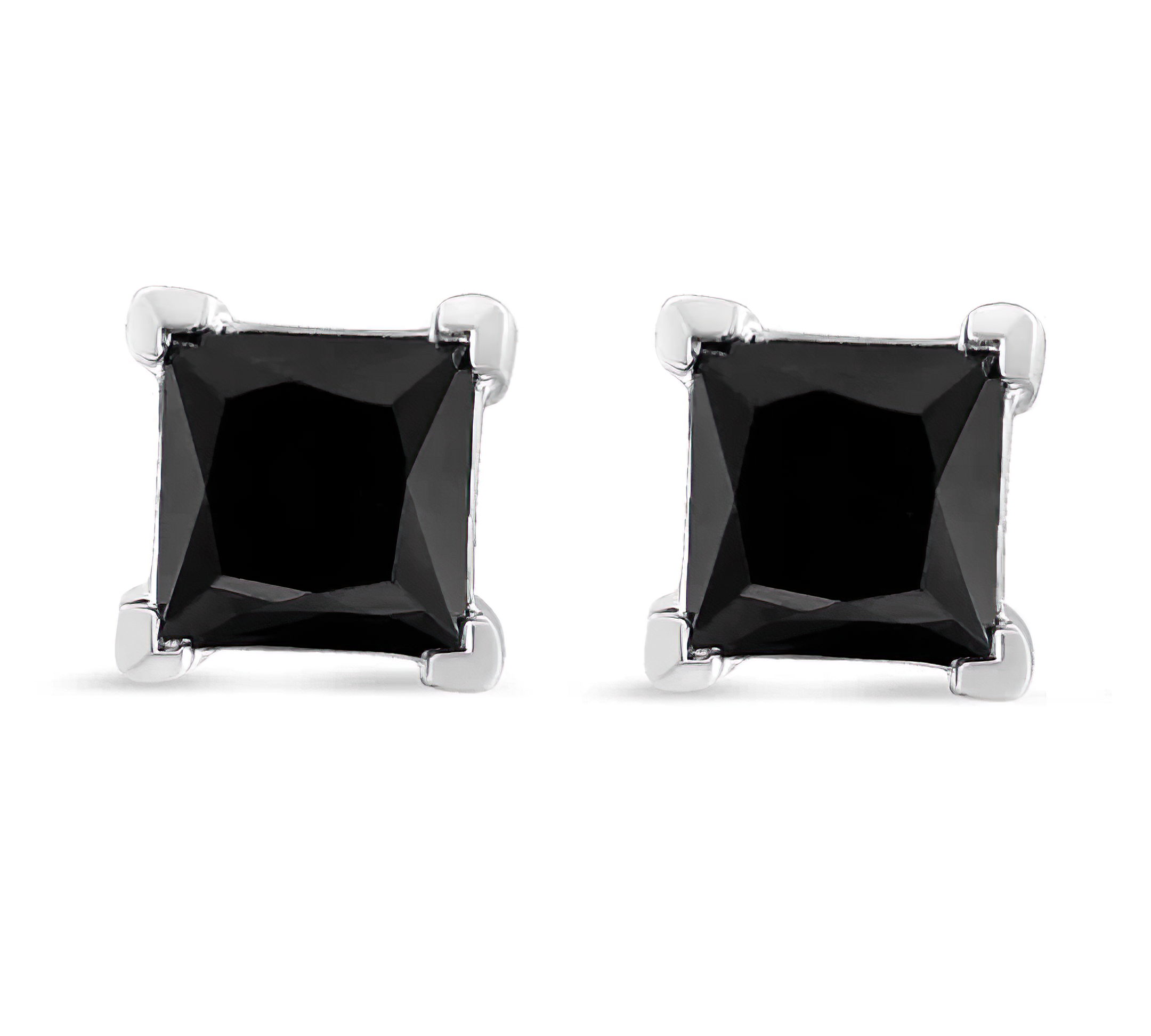 14K White Gold Princess-Cut Treated Black Diamond Classic 4-Prong Stud Earrings - Stormyjay