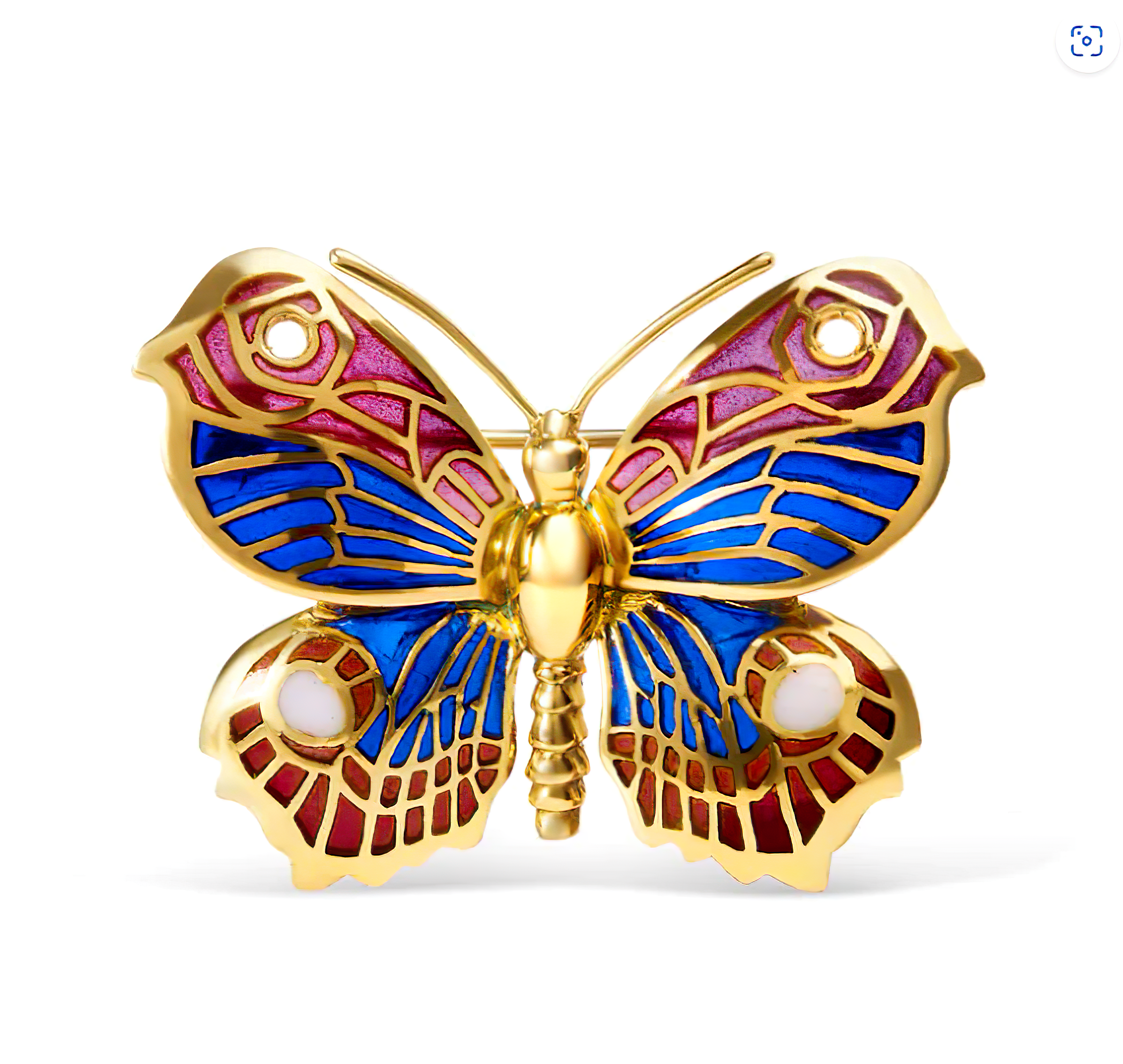 18K Yellow Gold Red, Blue, and White Enameled Butterfly Brooch Pin - Stormyjay