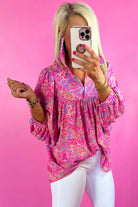 Bonbon Abstract Print Loose Fit Collared V Neck Babydoll Blouse - Stormyjay