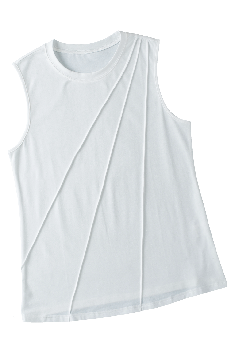 White Solid Color Crew Neck Pleated Tank Top - Stormyjay