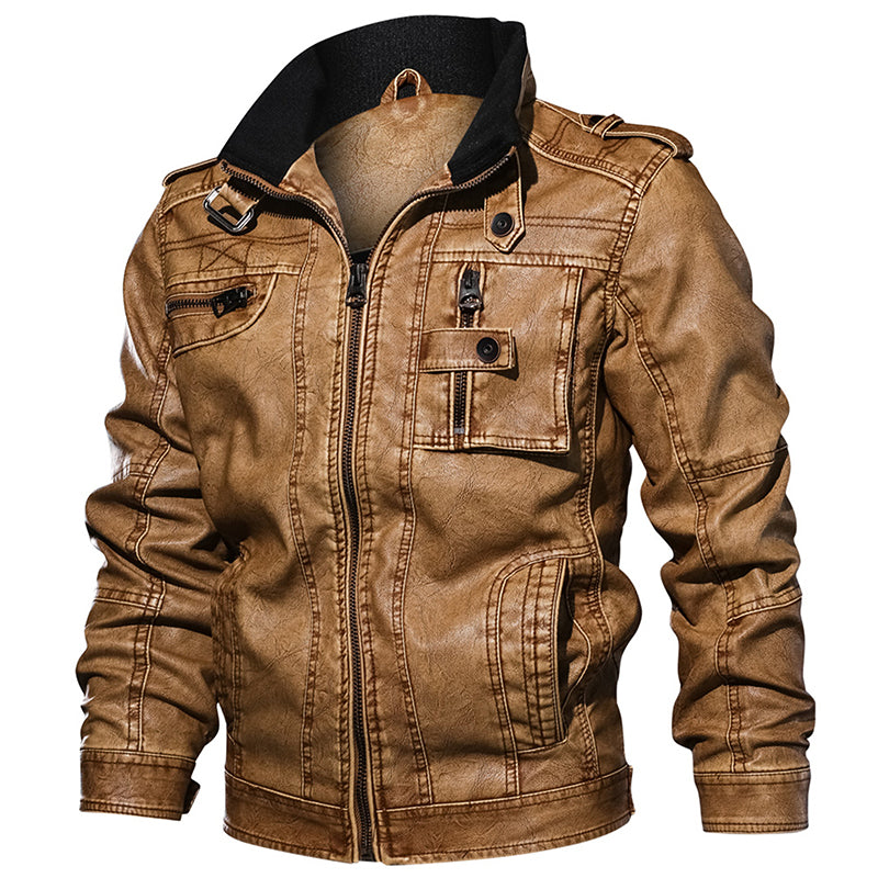 Men PU Leather Jacket Casual Thick Motorcycle Leather Jacket Winter Windproof Coat - Stormyjay