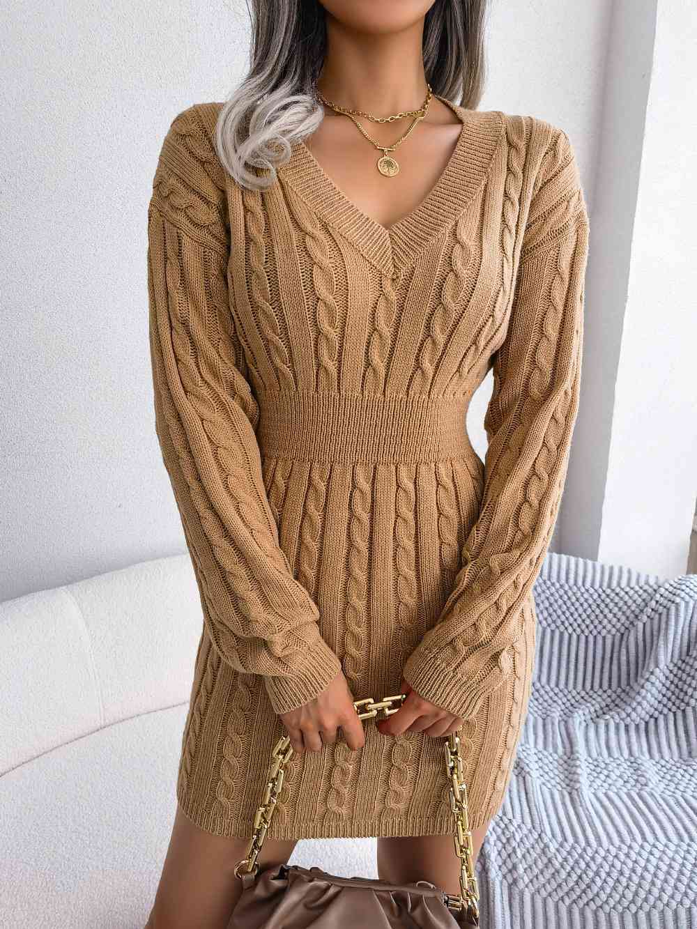 Cable-Knit V-Neck Mini Sweater Dress - Stormyjay