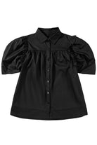 Black Ruched Puff Sleeve Loose Buttoned Up Blouse - Stormyjay