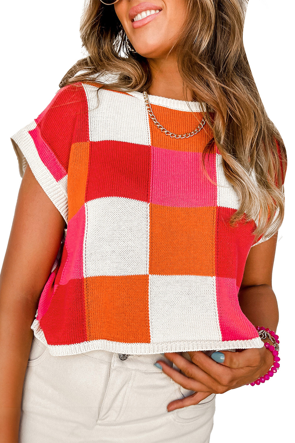 Grapefruit Orange Checkered Color Block Cap Sleeve Knitted Top - Stormyjay