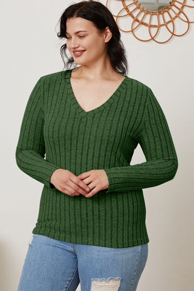 Basic Bae Full Size Ribbed V-Neck Long Sleeve T-Shirt - Stormyjay