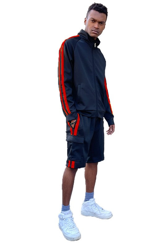 Two Stripe Cargo Pocket Track Jacket Short Suit - Stormyjay