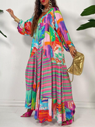 Loose V Neck Printed Long Sleeve Dress HW5NCUW586 - Stormyjay