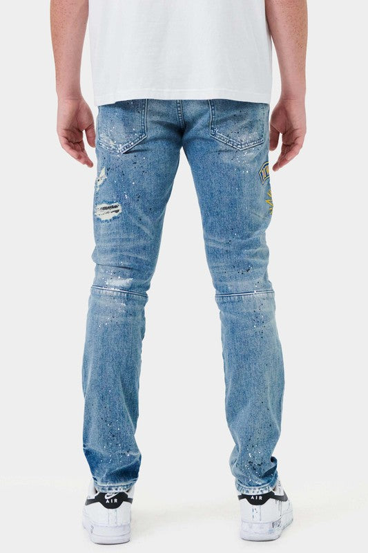 Varsity Patched Slim Denim - Stormyjay