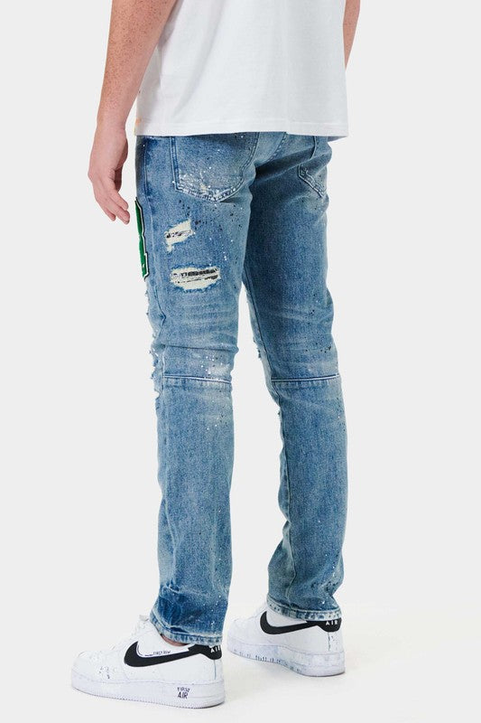 Varsity Patched Slim Denim - Stormyjay