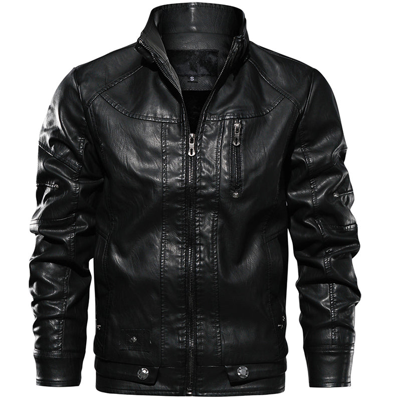 Men PU Leather Jacket Thick Motorcycle Leather Jacket Fashion Vintage Fit Coat - Stormyjay