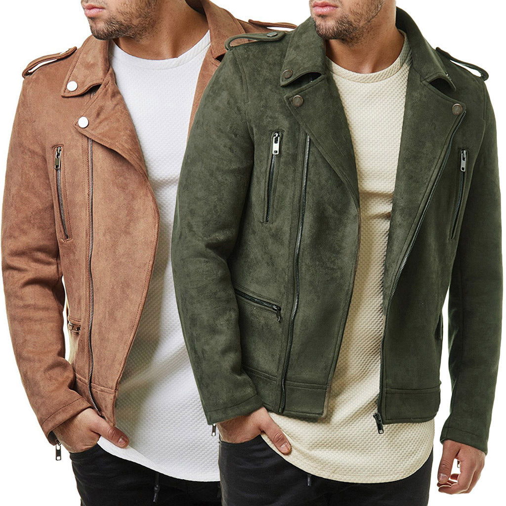 Lapel Leather Jacket Short Diagonal Zipper Suede Jacket Jacket Men - Stormyjay