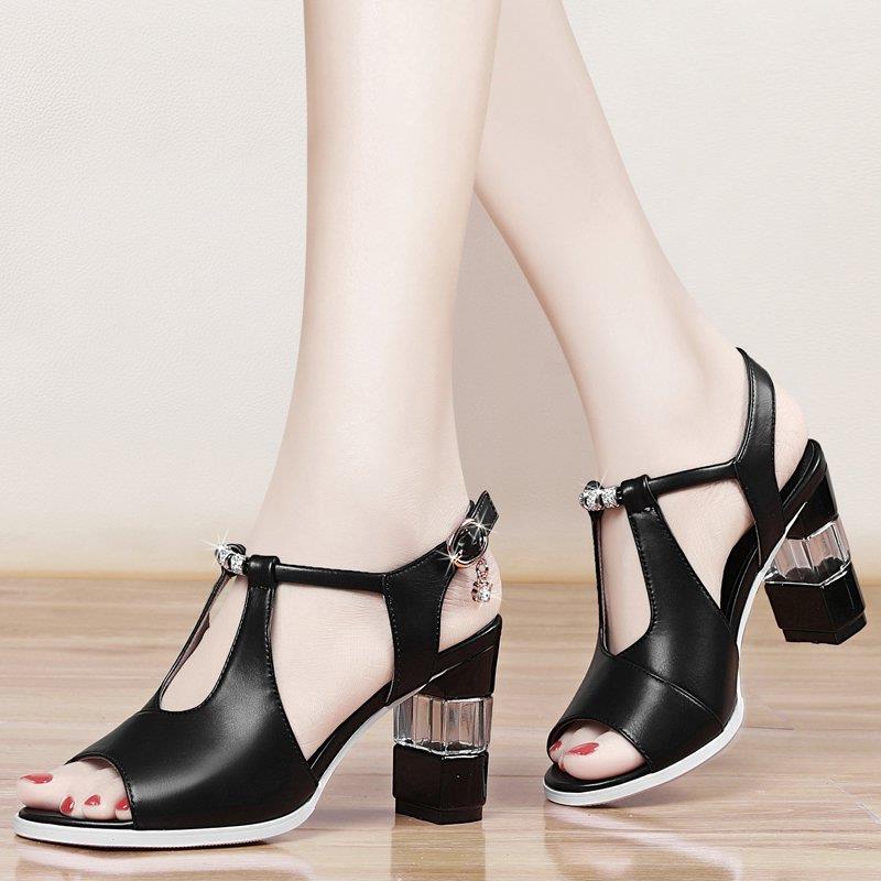 One Word Strap  Toe High Heels Women Thick Heels - Stormyjay