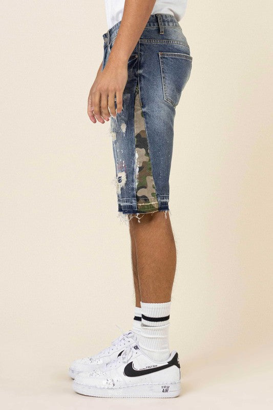 Multi Camo Paneled Released Hem Denim Shorts - Stormyjay