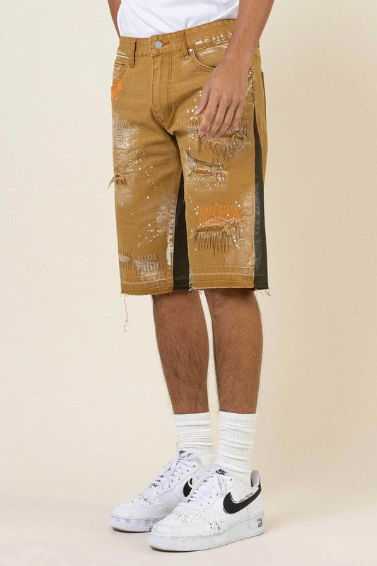 Multi Camo Paneled Released Hem Denim Shorts - Stormyjay