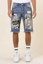 Camo & Twill Patched Rip 7 Repaired Denim Shorts - Stormyjay