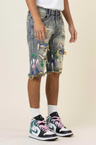 Hand Paint & Logo Print Rip 7 Repair Denim Shorts - Stormyjay