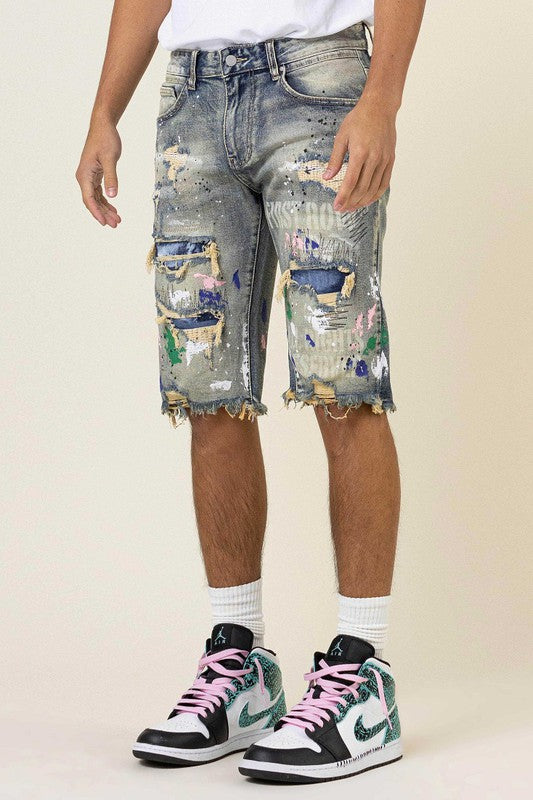 Hand Paint & Logo Print Rip 7 Repair Denim Shorts - Stormyjay