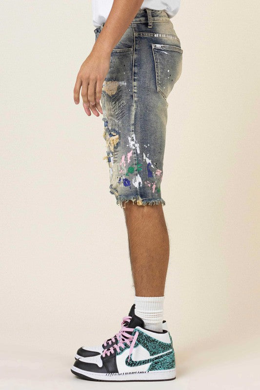 Hand Paint & Logo Print Rip 7 Repair Denim Shorts - Stormyjay