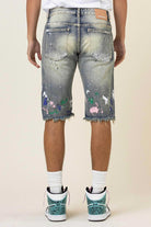 Hand Paint & Logo Print Rip 7 Repair Denim Shorts - Stormyjay