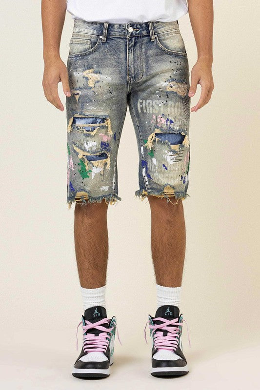 Hand Paint & Logo Print Rip 7 Repair Denim Shorts - Stormyjay