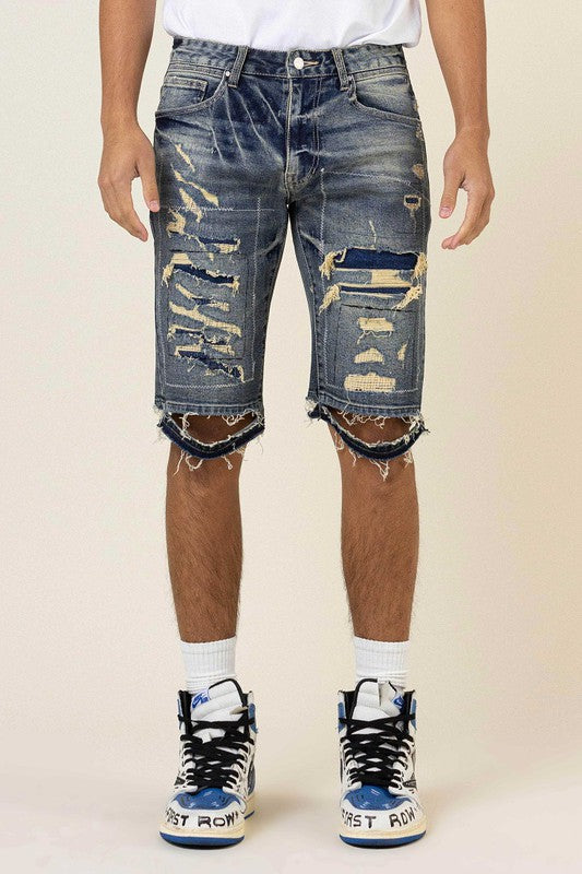 Boro Stitch Heavy Rip 7 Repair Denim Shorts - Stormyjay