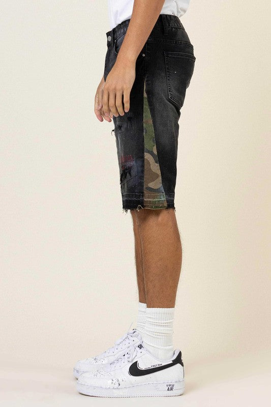 Multi Camo Paneled Released Hem Denim Shorts - Stormyjay