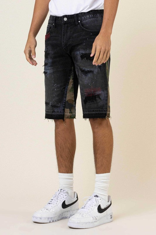 Multi Camo Paneled Released Hem Denim Shorts - Stormyjay