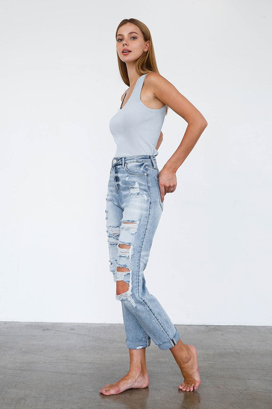 High Waist Destroyed Girlfriend Jeans - Stormyjay