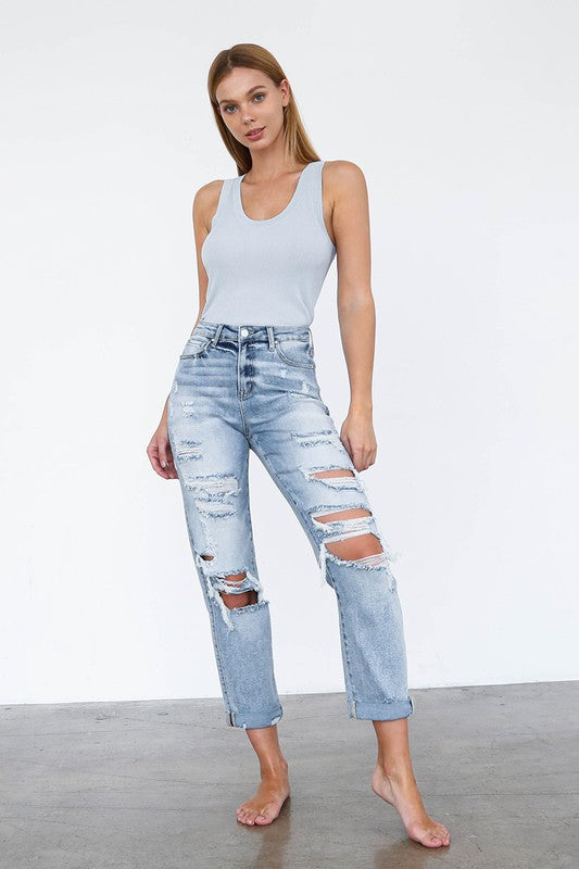 High Waist Destroyed Girlfriend Jeans - Stormyjay