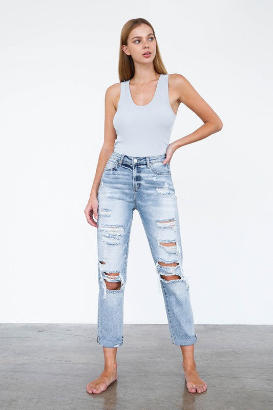 High Waist Destroyed Girlfriend Jeans - Stormyjay