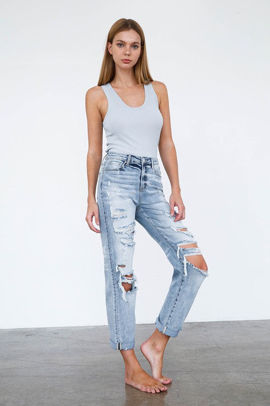 High Waist Destroyed Girlfriend Jeans - Stormyjay