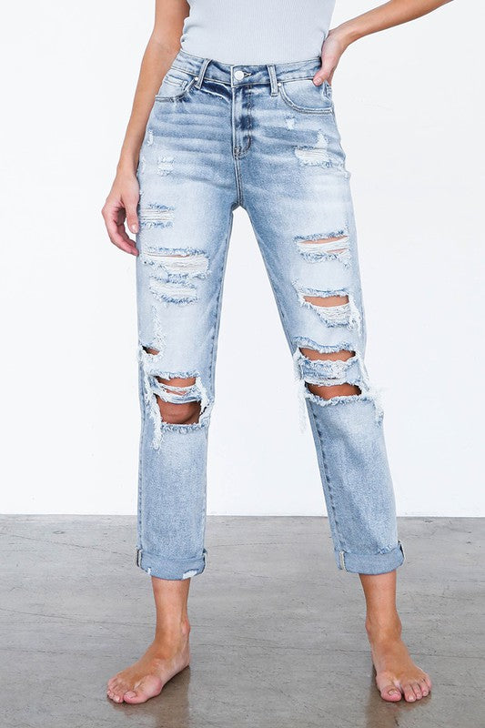 High Waist Destroyed Girlfriend Jeans - Stormyjay