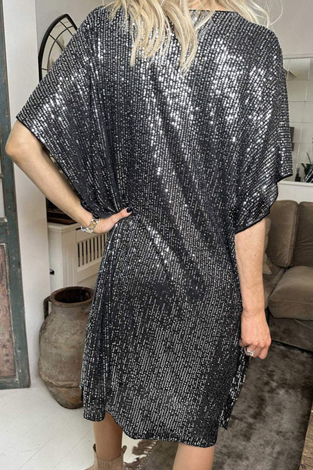 Dark Grey Sequin V Neck Dolman Sleeve Shift Dress - Stormyjay