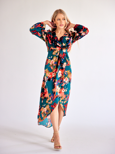 Printed V-neck Lantern Sleeve Wrap Dress HW56V7Y6F6 - Stormyjay