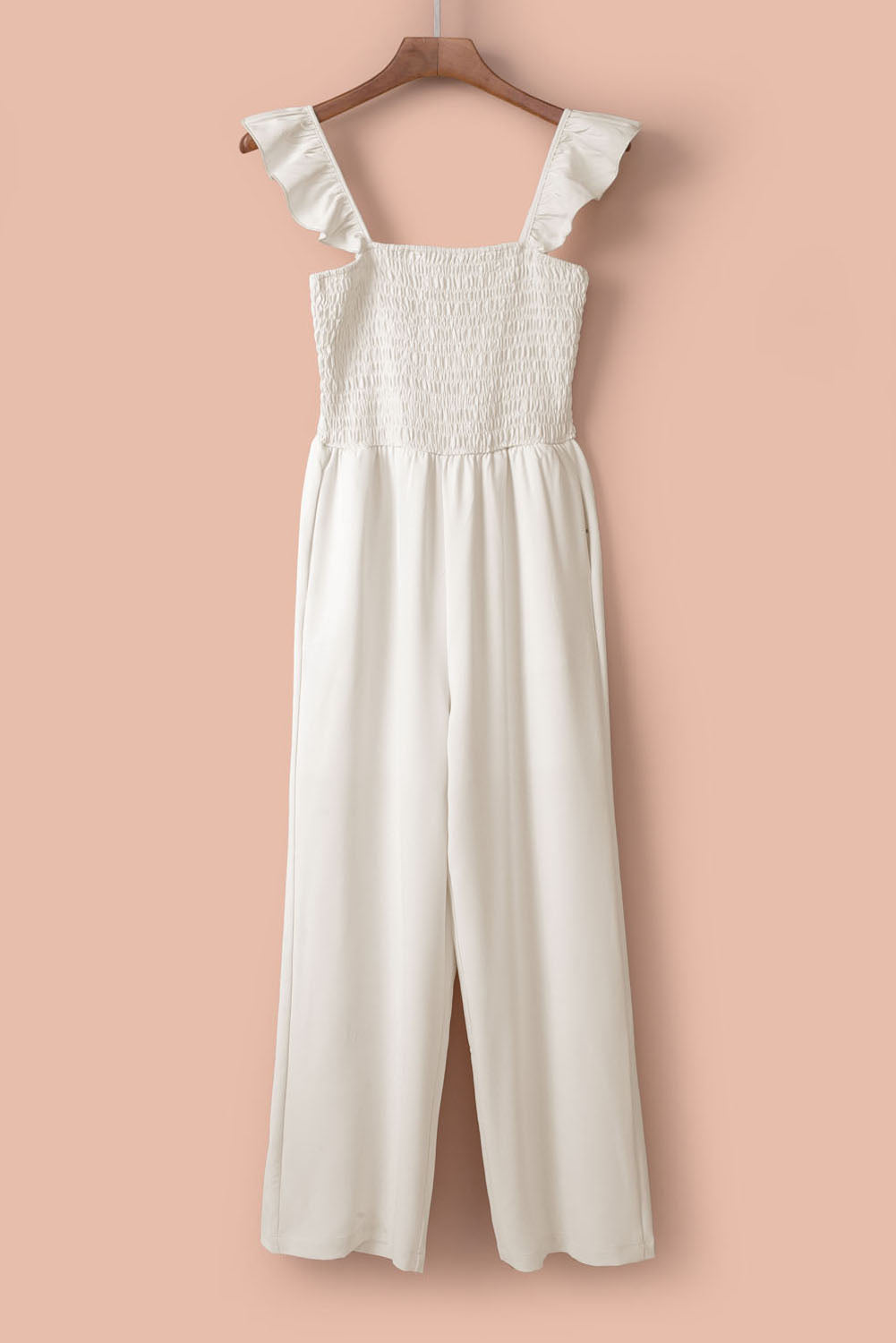 Apricot Smocked Ruffle Strap Pocket Wide Leg Jumpsuit - Stormyjay
