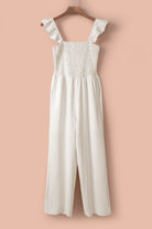 Apricot Smocked Ruffle Strap Pocket Wide Leg Jumpsuit - Stormyjay