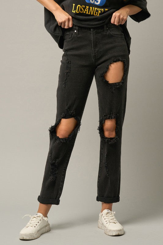 High Waist Destroyed Black Jeans - Stormyjay