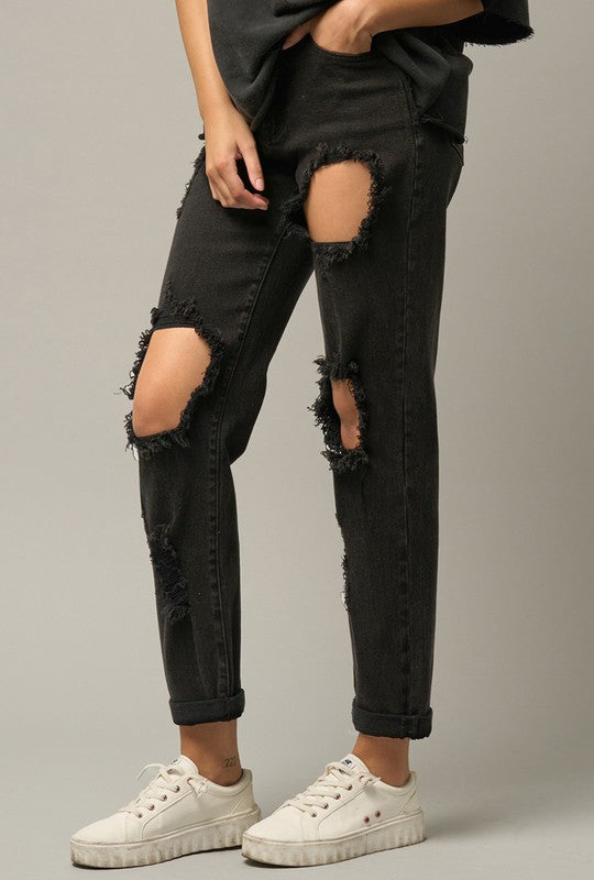 High Waist Destroyed Black Jeans - Stormyjay