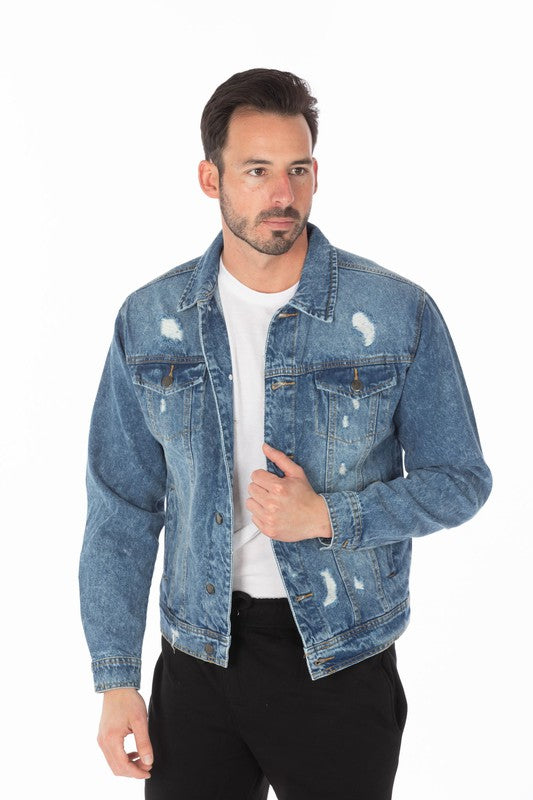 Men's Denim Jacket with Distressed - Stormyjay