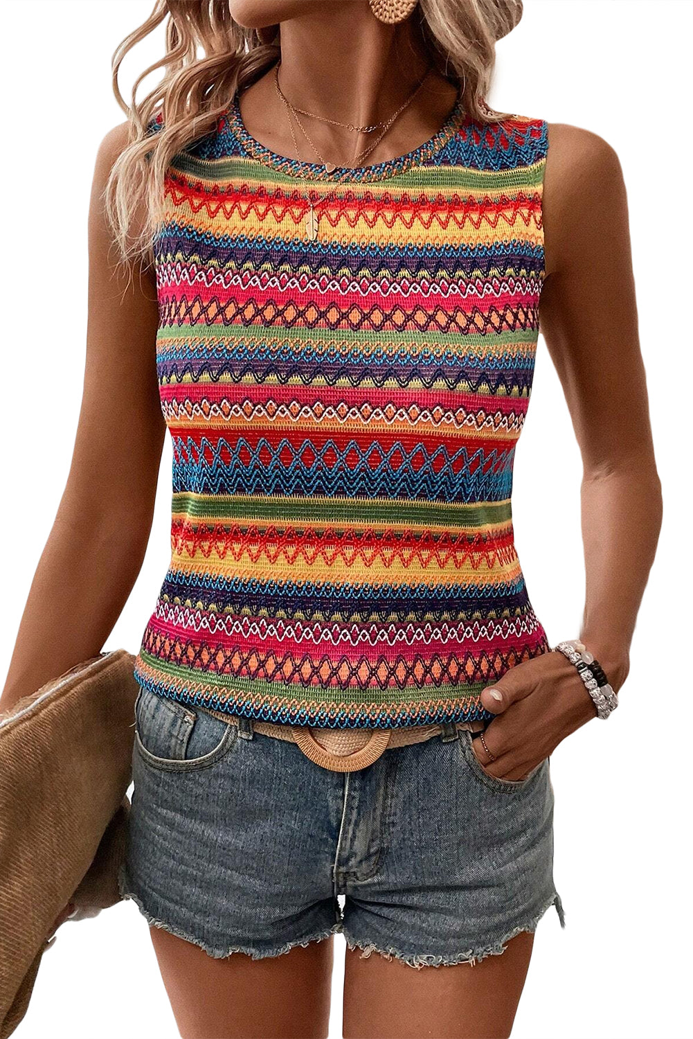 Yellow Ethnic Wavy Pattern Round Neck Sleeveless Top - Stormyjay