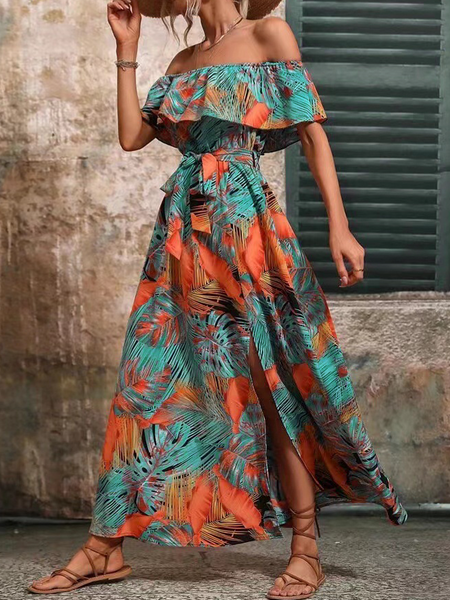 Off-shoulder lotus leaf edge printed dress HWF82UCWMN - Stormyjay