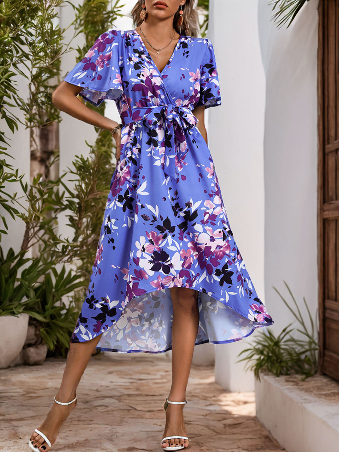 High-Low Printed Surplice Short Sleeve Midi Dress - Stormyjay