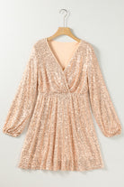 Apricot Wrapped V-neck Sequin Dress - Stormyjay