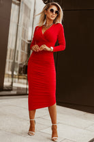 Fiery Red Long Sleeves Wrap V Neck Ruched Sheath Bodycon Dress - Stormyjay