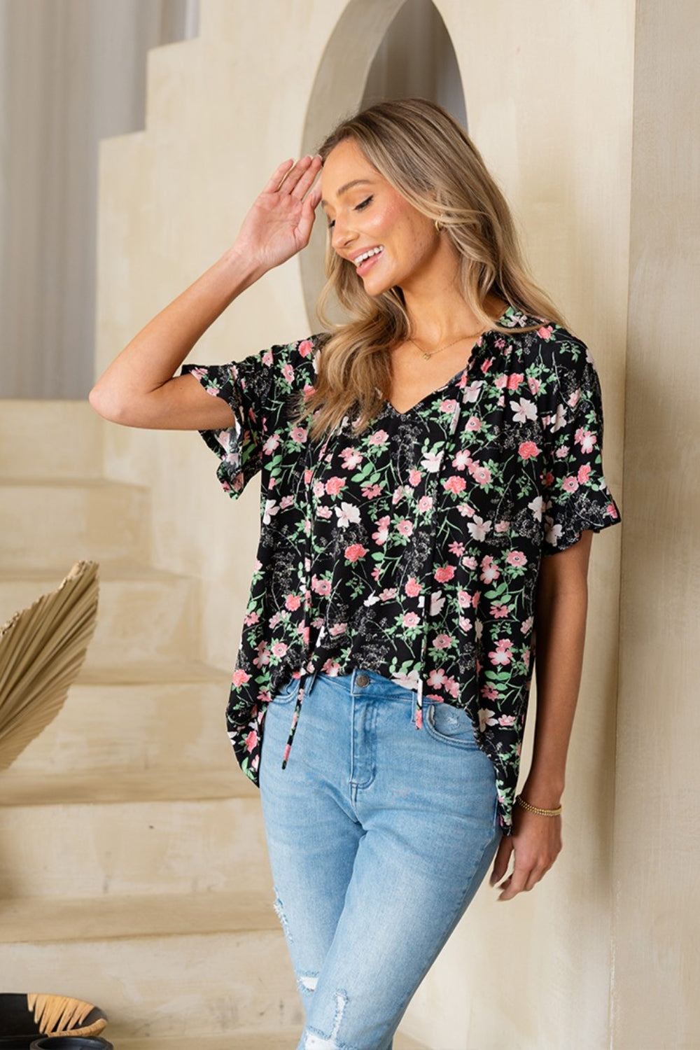 Sew In Love Floral Tie Neck Short Sleeve Blouse - Stormyjay