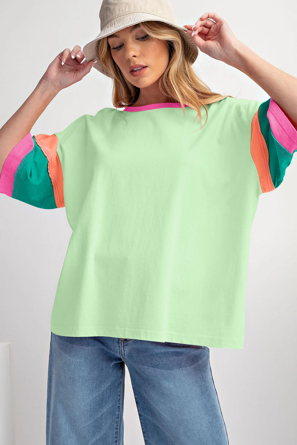 Green Color Block Sleeve Round Neck Oversize Top - Stormyjay