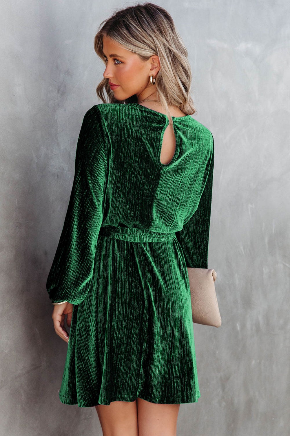 Green Crinkle Velvet Tie Waist Puff Sleeve Mini Dress - Stormyjay