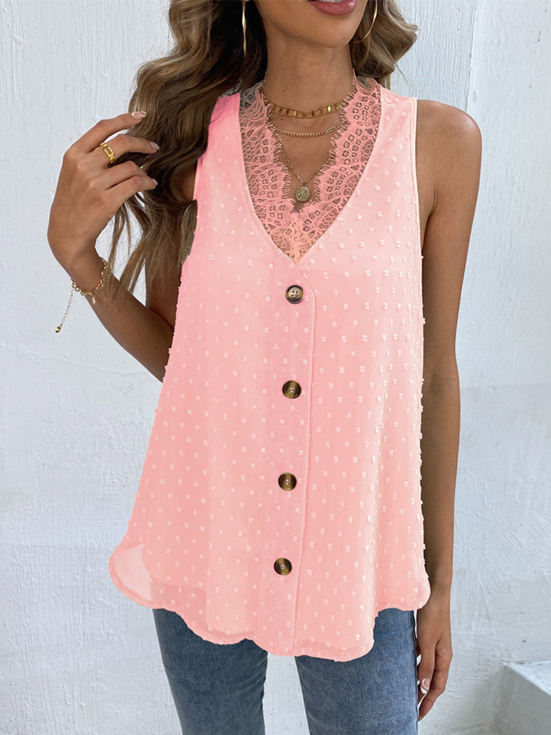 Swiss Dot Lace Detail V-Neck Tank - Stormyjay