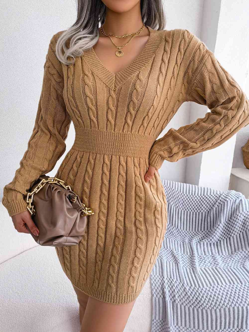 Cable-Knit V-Neck Mini Sweater Dress - Stormyjay